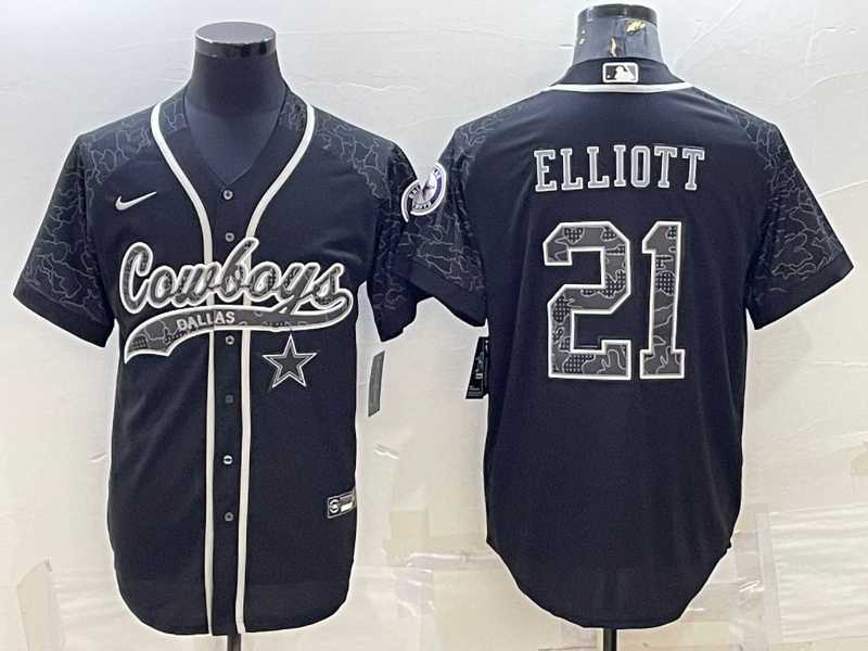 Men%27s Dallas Cowboys #21 Ezekiel Elliott Black Reflective With Patch Cool Base Stitched Baseball Jersey